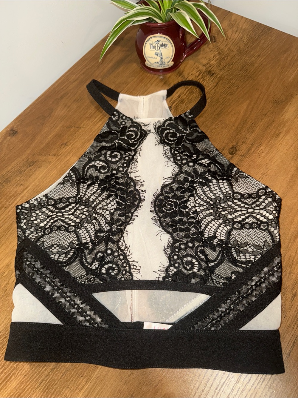 Luxxel Black and White Lace Halter Bralette